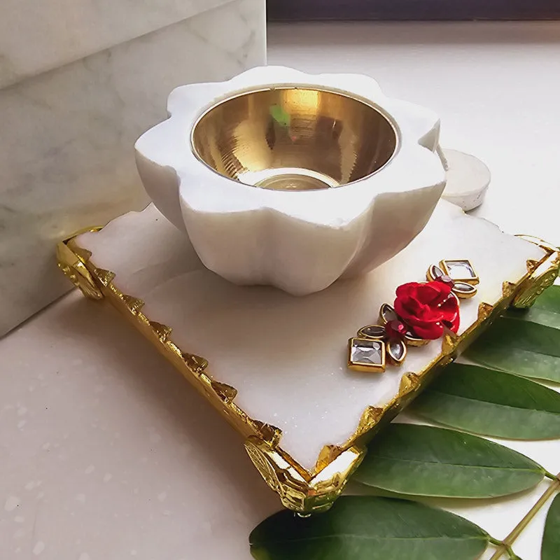 Harshita Handcarved Flower Diya With Brass Bowl media 3