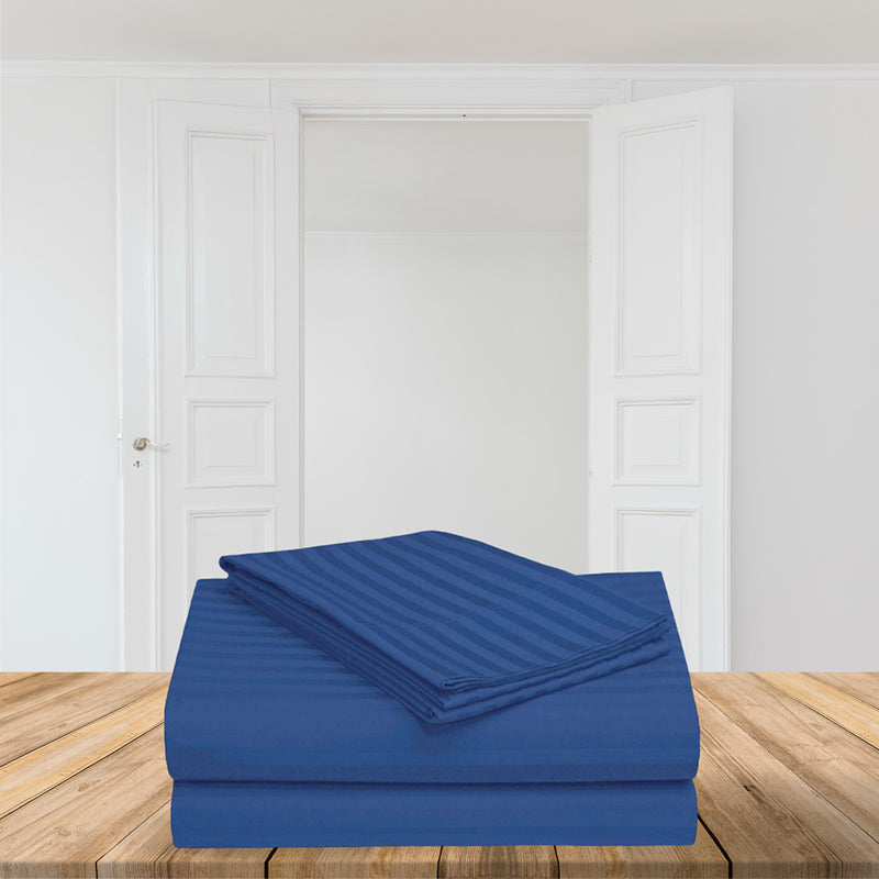 Le Coton Striped Solid Cotton Bedsheet (Dark Blue) - 250 TC media 7