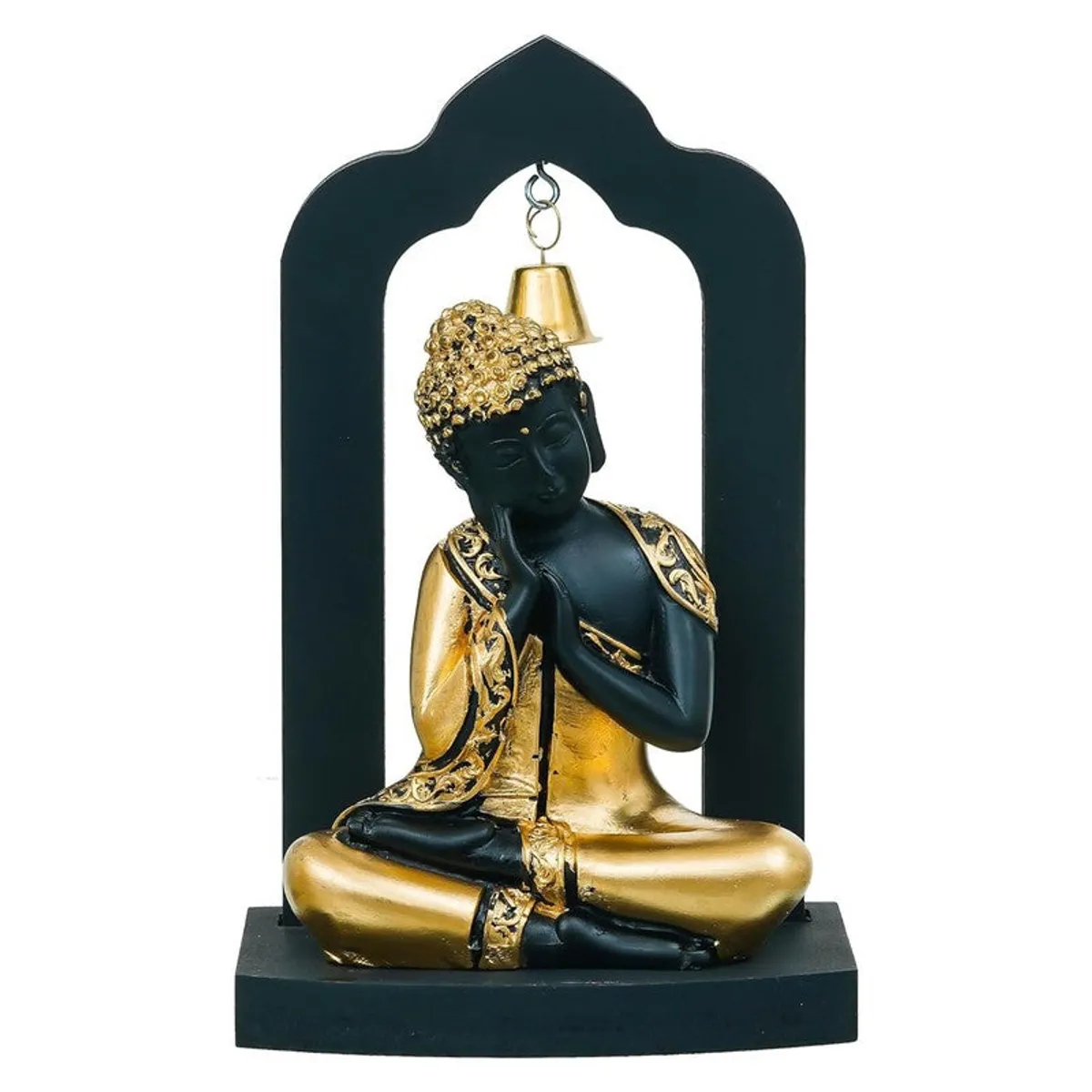 Front view of seated Buddha idol with black frame and gold detailing