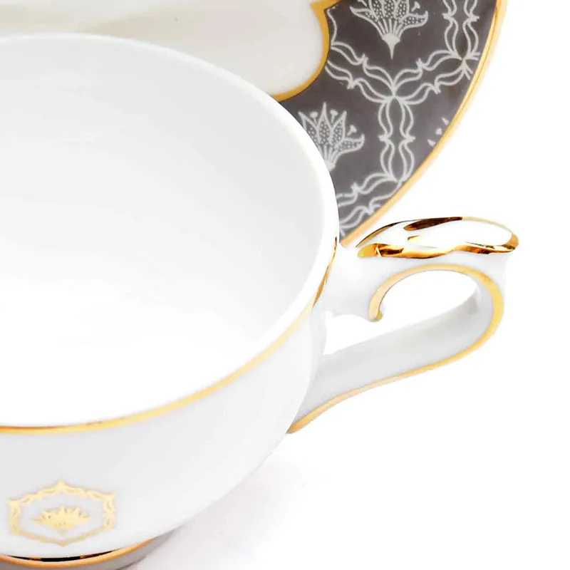 Gilded Legacy 24k Gold Brushed Porcelain Tea Cup & Saucer (Grey/ 280 mL) - Set of Six media 5