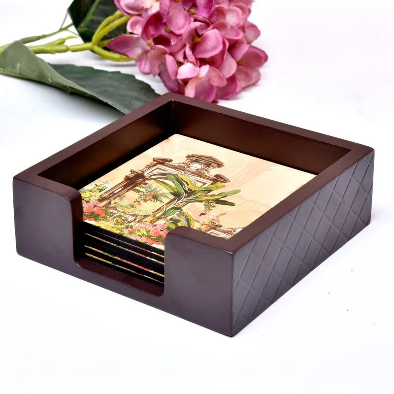 Royal Black & Gold Wooden Coasters with Holder - Seven Piece Set media 3