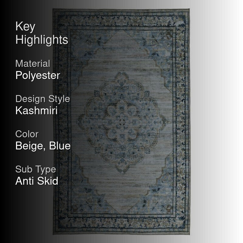Evina Ethnic Anti Slip Carpet - Beige & Aqua media 2