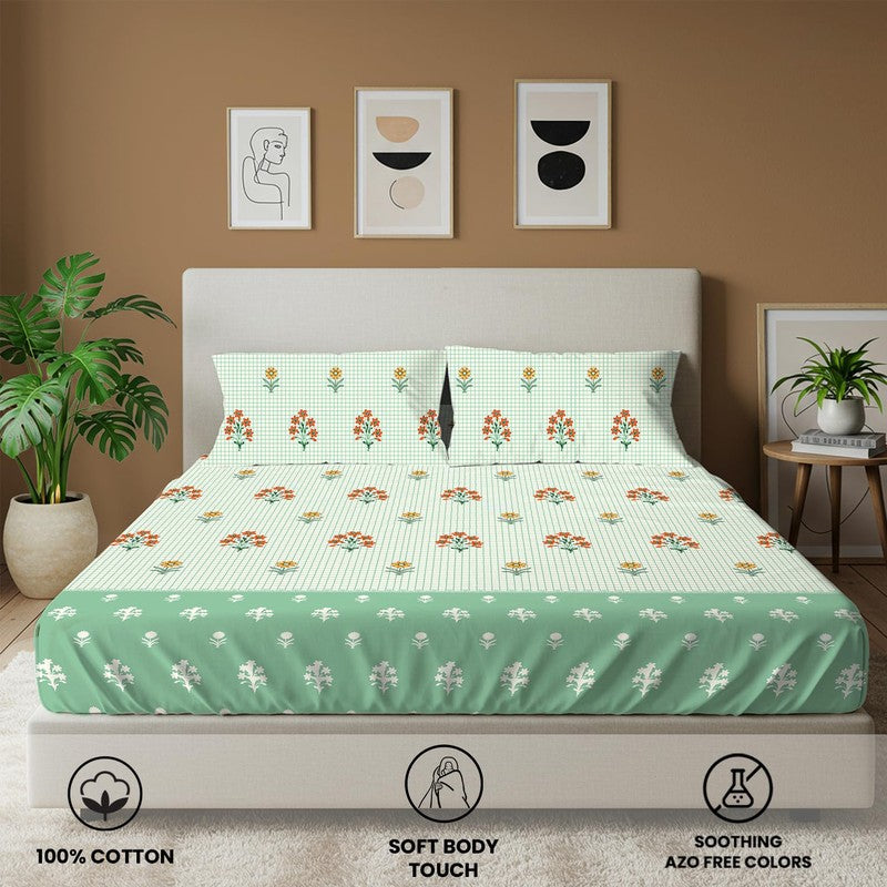 Green Meadows Floral Cotton Bedsheets (Green) - 144 TC media 4