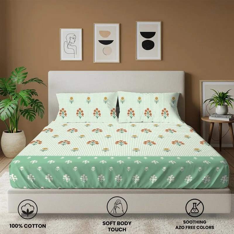 Green Meadows Floral Cotton Bedsheets (Green) - 144 TC media 4