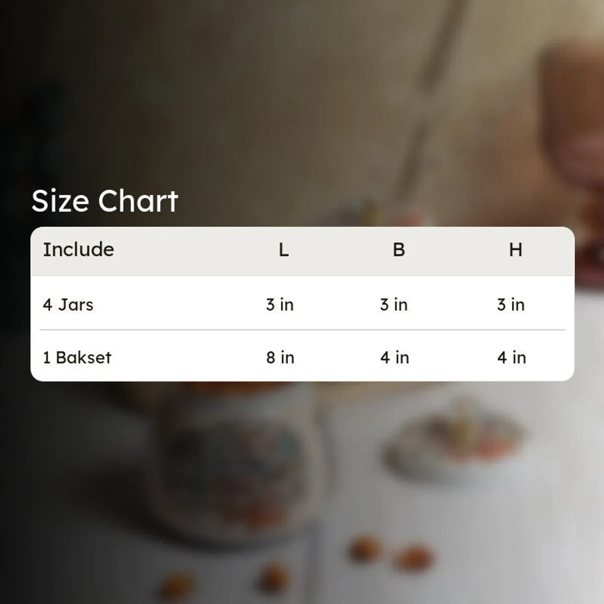 Product size chart showing four jars and one basket dimensions