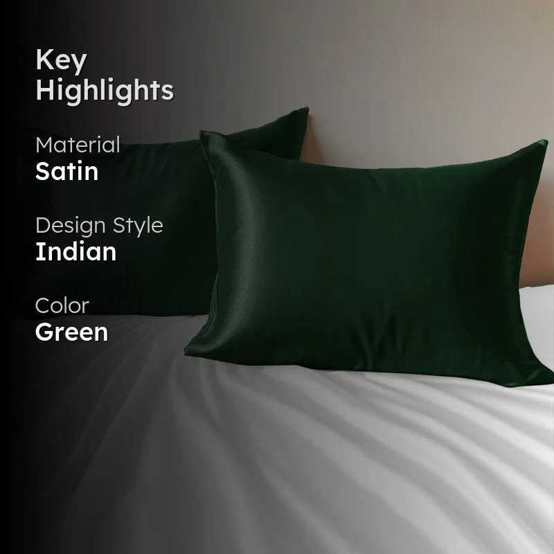 SilkenAura Satin Pillow Cover with a Scrunchy (Green) - Set Of Two media 2