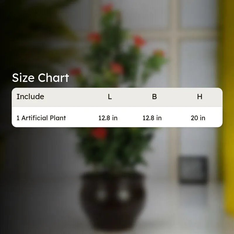 Faux bonsai shown with a size comparison graphic