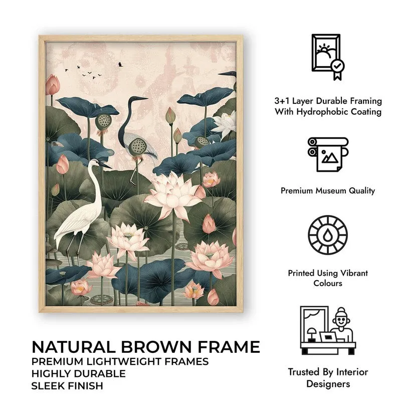 Lotus Garden Birds Canvas Wall Painting With Brown Frame media 12