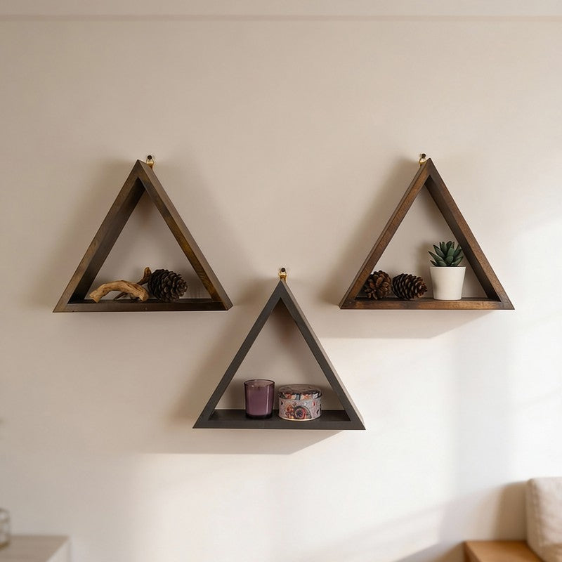 Noirwood III Triangular Set of 3 Wooden Wall Shelves