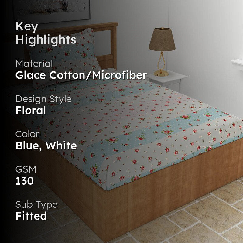 Safro Floral Fitted Microfiber Bedsheet (White & Blue) - 130 GSM media 2