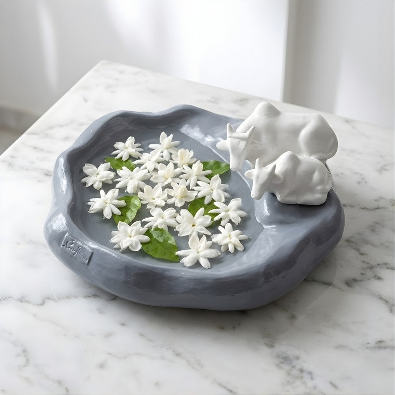 Sacred Cow and Calf Resin Urli - Grey & White media 4
