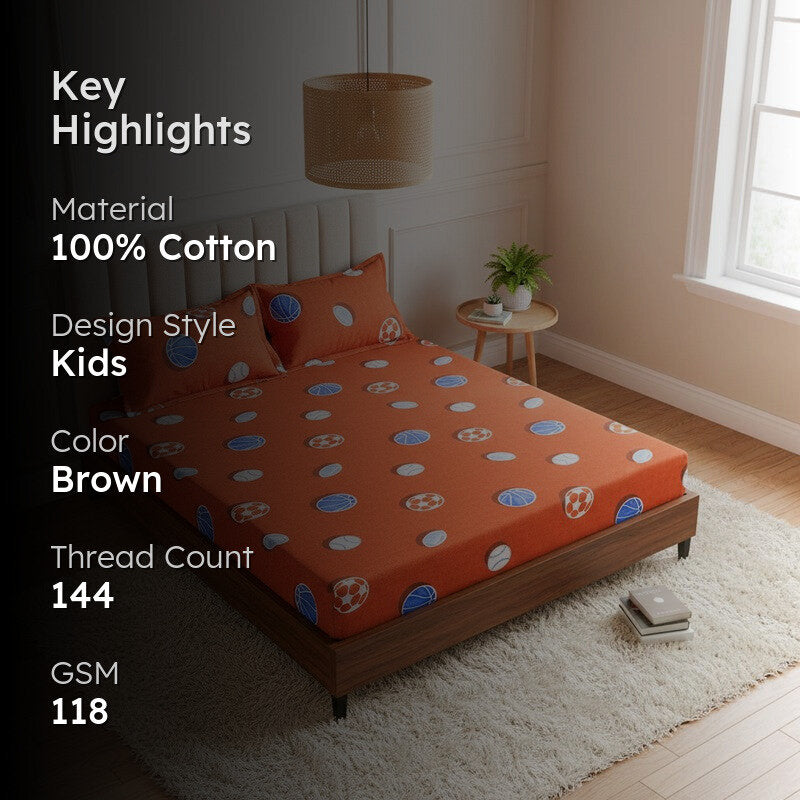 Baseball Dreams Kids Neon Print Cotton Bedsheet (Rust) - 144 TC media 2