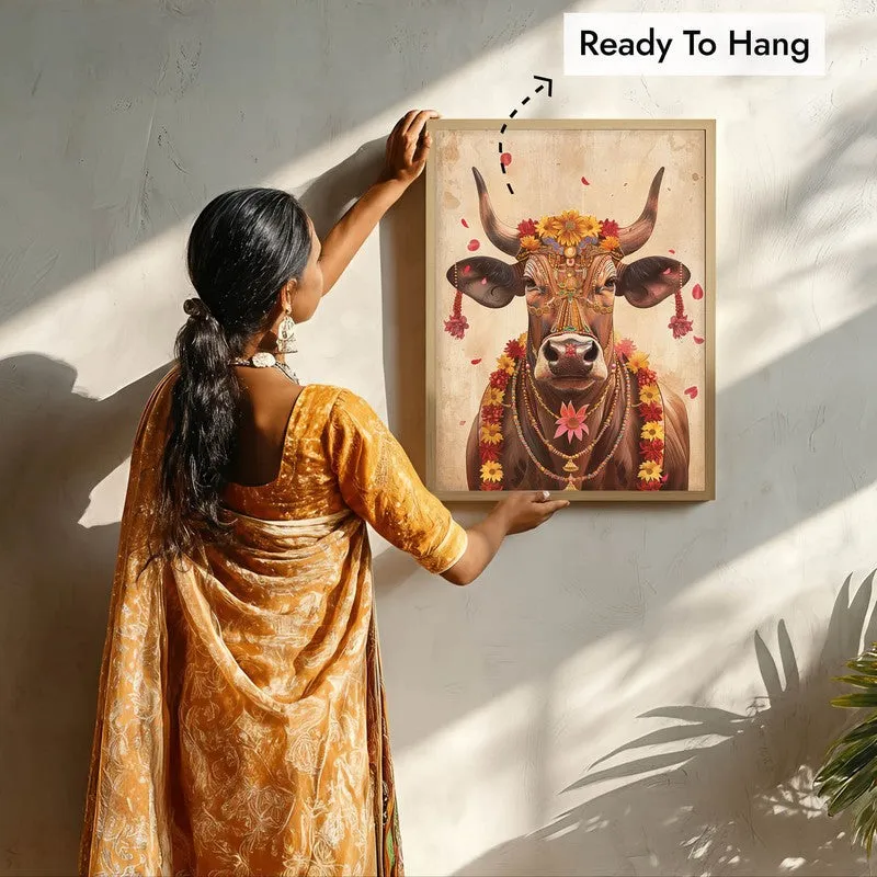 Divine Cow Traditional Canvas Wall Painting With Brown Frame media 9