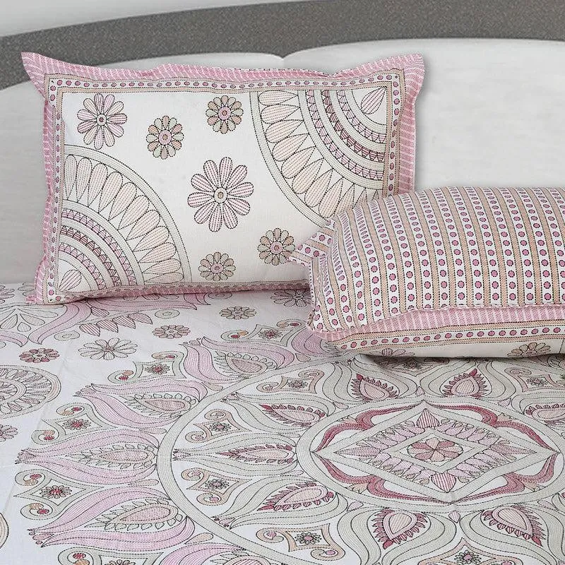 Kavya Mandala Ethnic Cotton Bedsheet (Pink,White) - 160 TC media 4