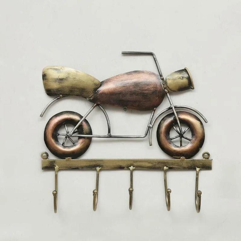 Multicolour motorcycle-shaped iron key holder with five wall hooks