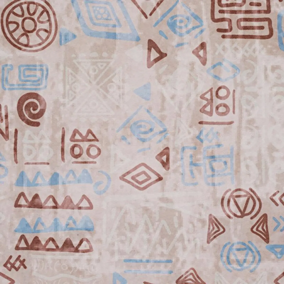 Detailed view of brown and blue abstract motifs on a beige carpet
