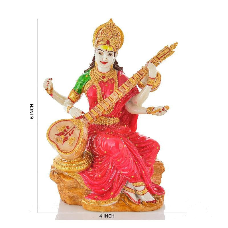 Shri Saraswati Marble Idol - Red & Brown media 6
