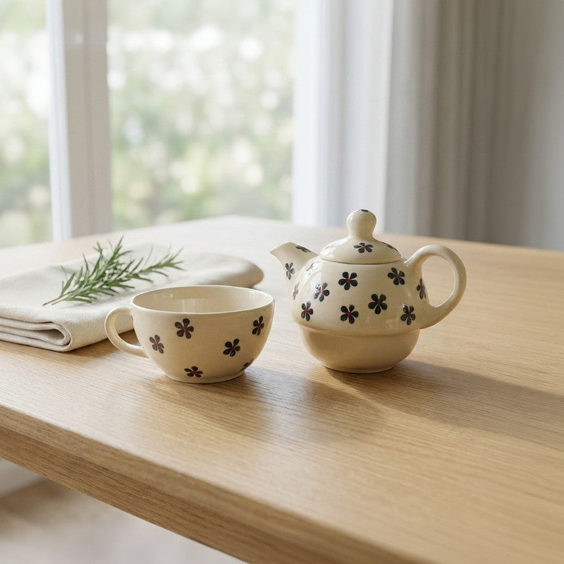 Floral Ceramic Tea Pot & Set - Black