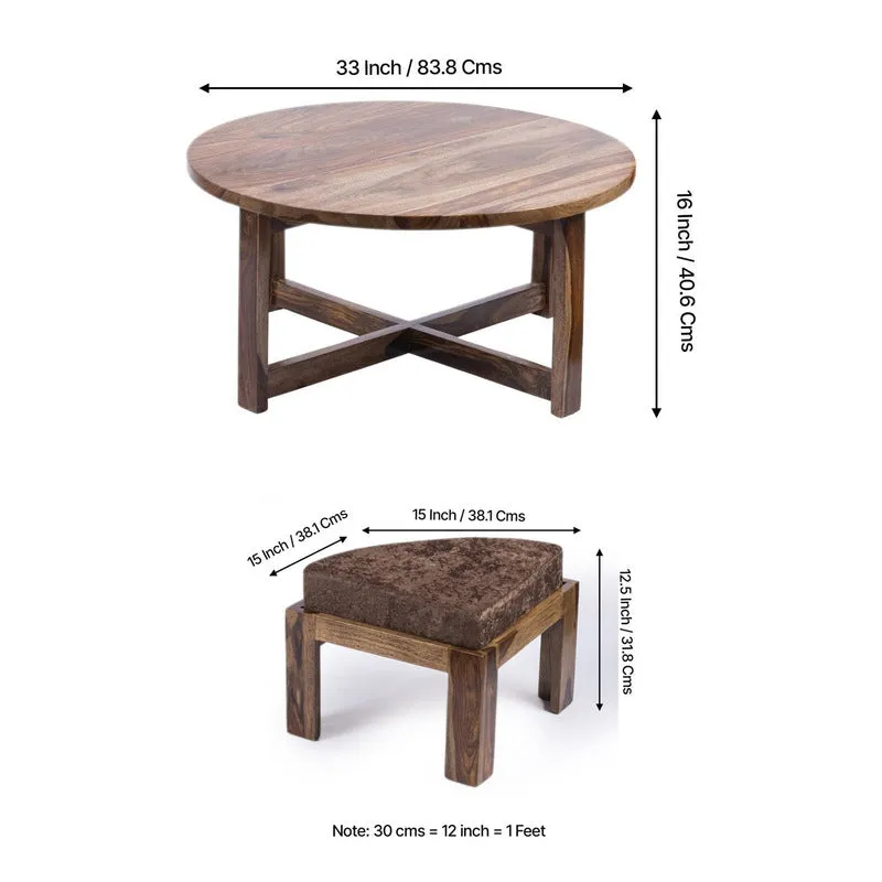 Iveron Sheesham Wooden Center Table with Stools and Cushions (Brown) - Nine Piece Set media 10