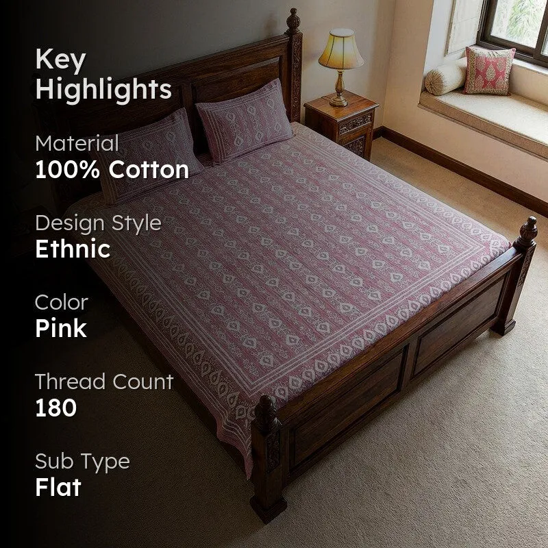 Keira Ethnic Cotton Bedsheet (Pink) - 180 TC media 2