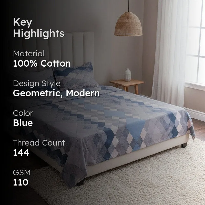 Jora Geometric Cotton Bedsheet (Blue) - 144 TC media 2