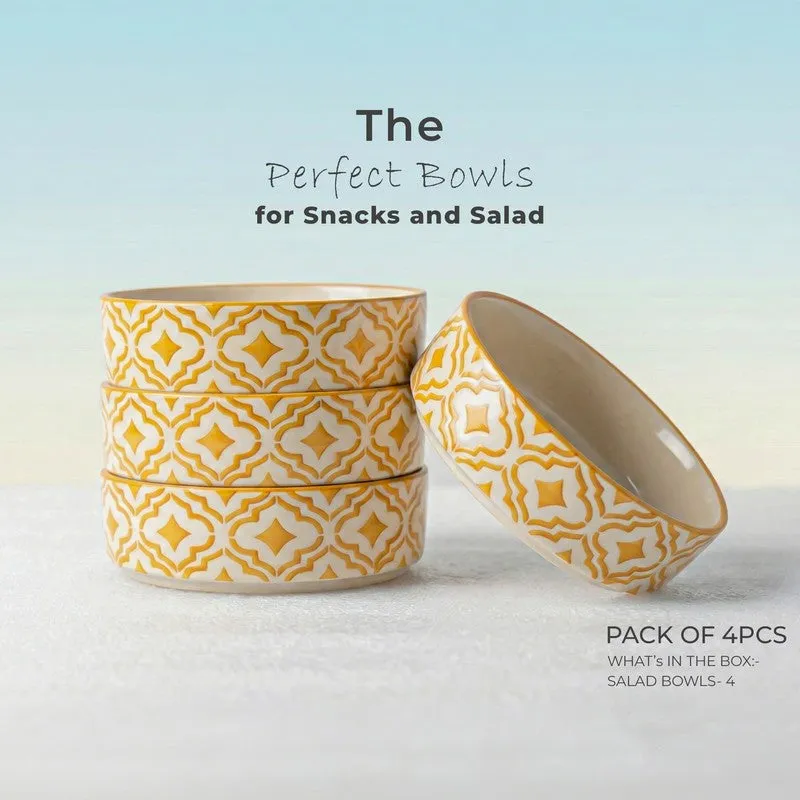 Feastio Ceramic Salad Bowl (Yellow & White/350 mL) - Set of Four - 4