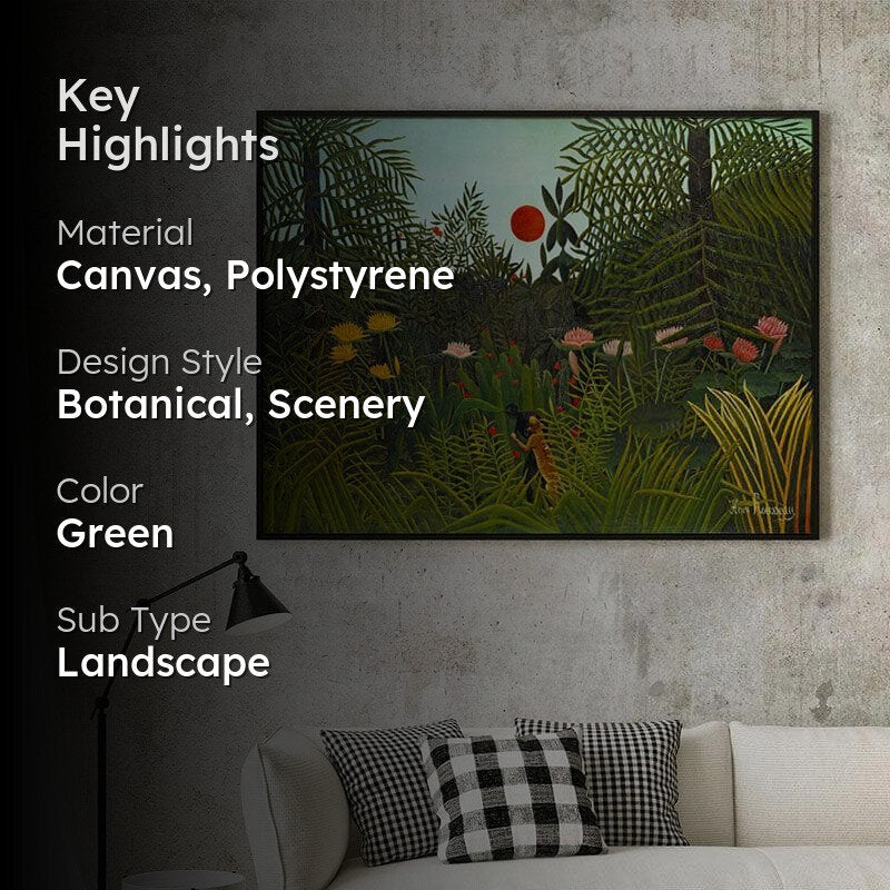 Jungle and Setting Sun Canvas Wall Painting - Black Frame media 2