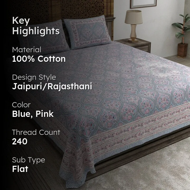 Rangly Cotton Bedsheet (Blue,Pink) - 240 TC media 2