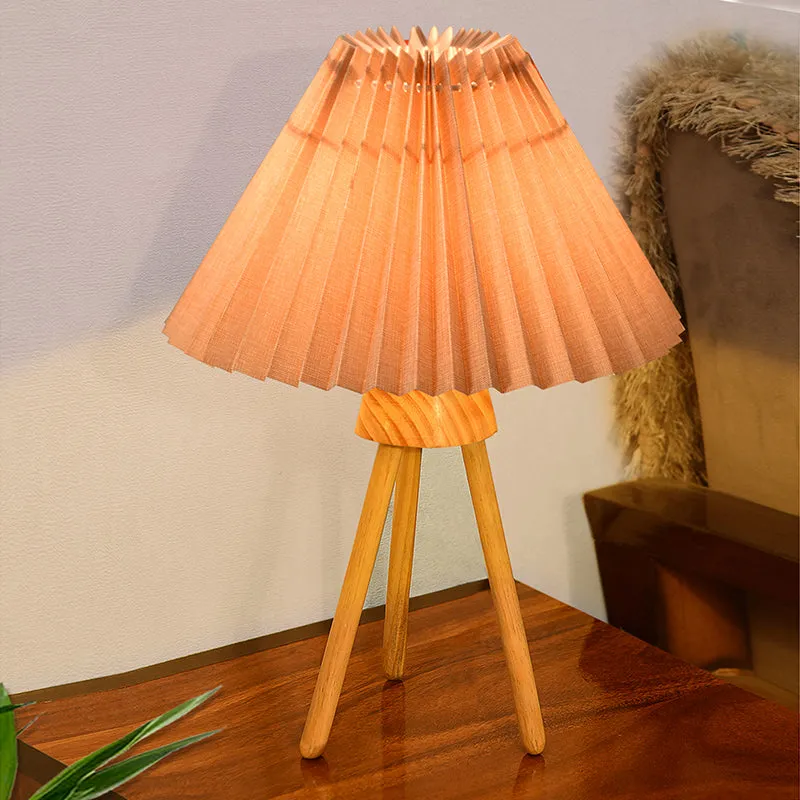 French Pleat Tripod Wooden Table Lamp - Beige media 1
