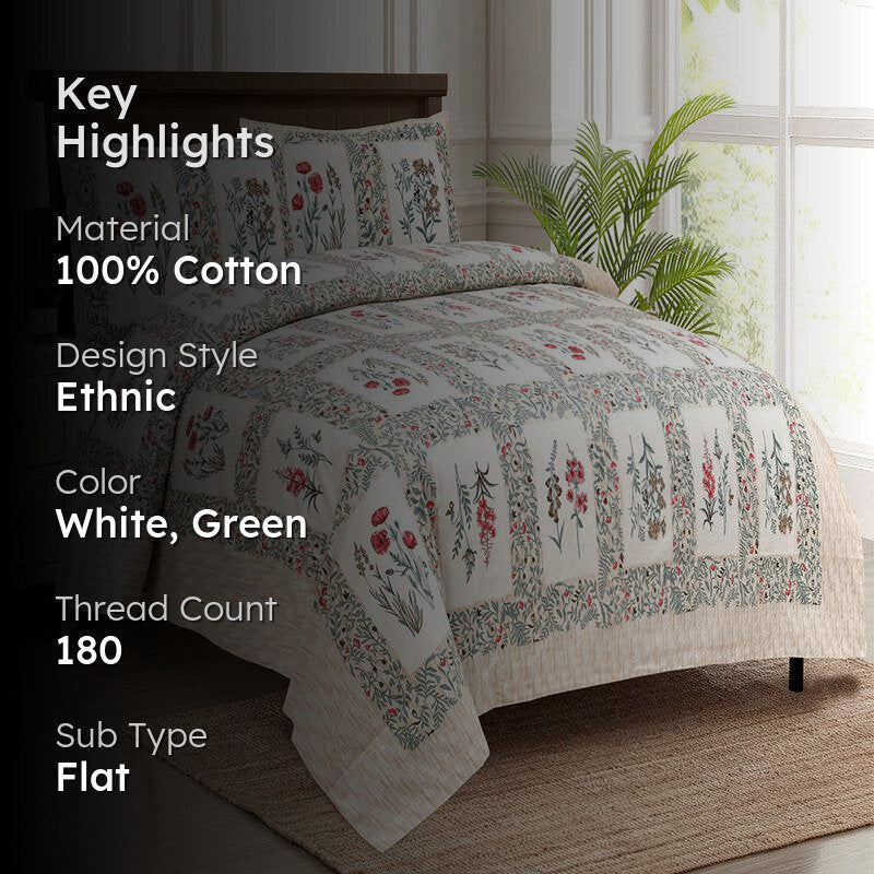 Siddhi Floral Cotton Bedsheet (White,Green) - 180 TC media 2