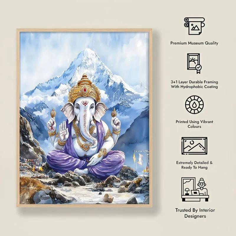 Ganapati Of The Heights Spiritual Archival Paper Wall Painting - Natural Brown Frame media 8