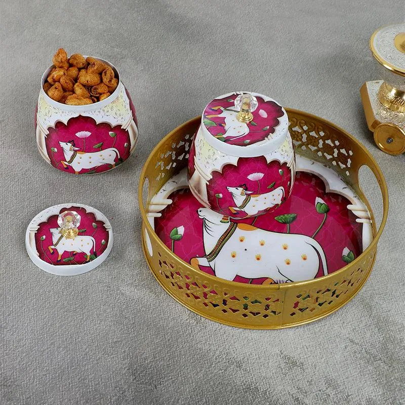 Gavya Pink & White Jar with Tray (200 ML) - Three Piece Set media 3