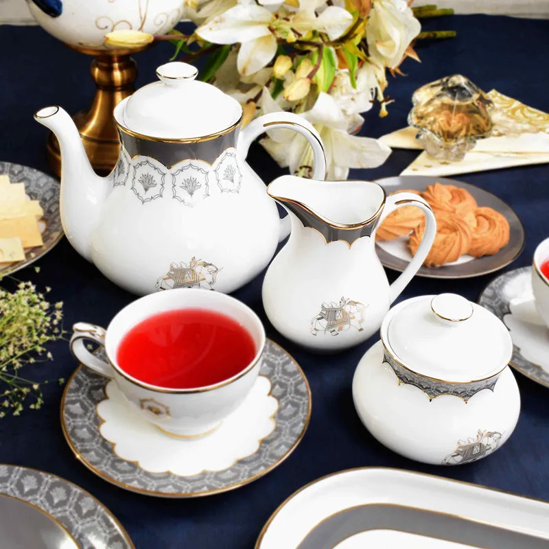 Gilded Legacy 24k Gold Brushed Porcelain Tea Set With Tea Pot (Grey) - Seventeen Piece Set media 4