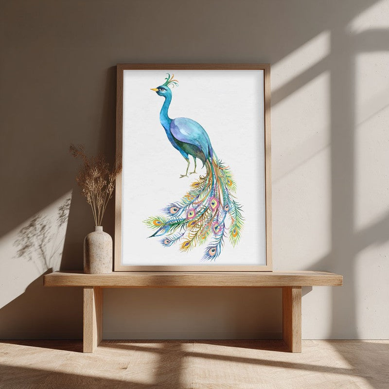 Fragile Peacock Archival Paper Wall Art - Natural Brown Frame