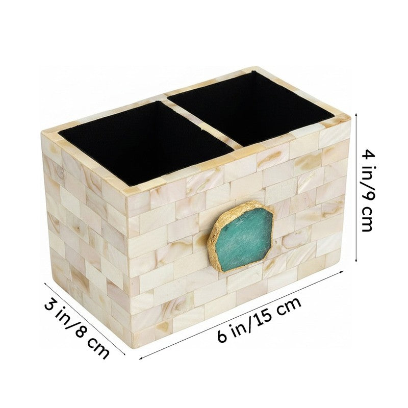 Suzzaine Handcrafted Mother Of Pearl & Agate Cutlery Holder - Green & Beige media 6