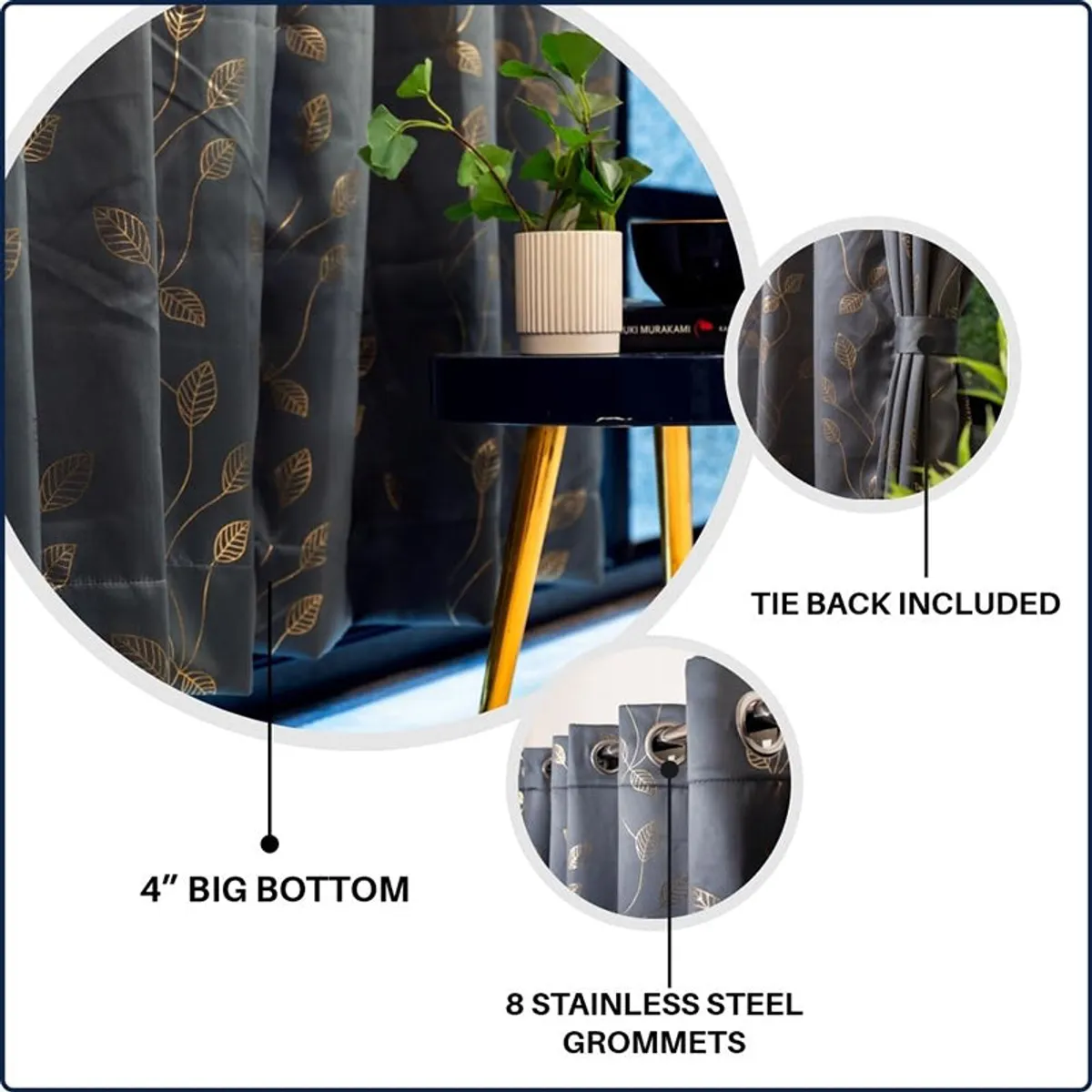 Close-up of dark curtain fabric showing a printed gold leaf design.
