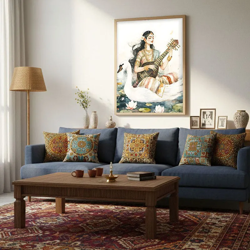 Hamsavahini Saraswati Spiritual Archival Paper Wall Painting - Natural Brown Frame media 4