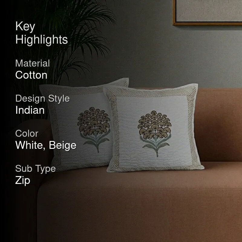 India Circus Fleur Haven Printed Cotton Cushion Cover (White & Beige)- Set Of Two - 2
