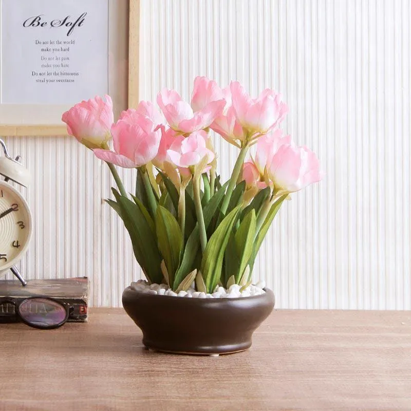 Faux Artificial Tulip Bonsai In Ceramic Pot (26 cms) - Light Pink media 3