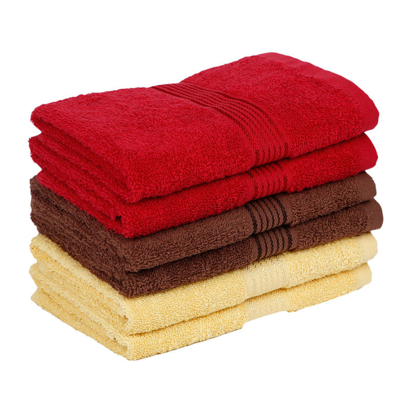 Pluma Cotton Hand & Face Towel (Brown,Red & Light Yellow) - Set Of Six media 4
