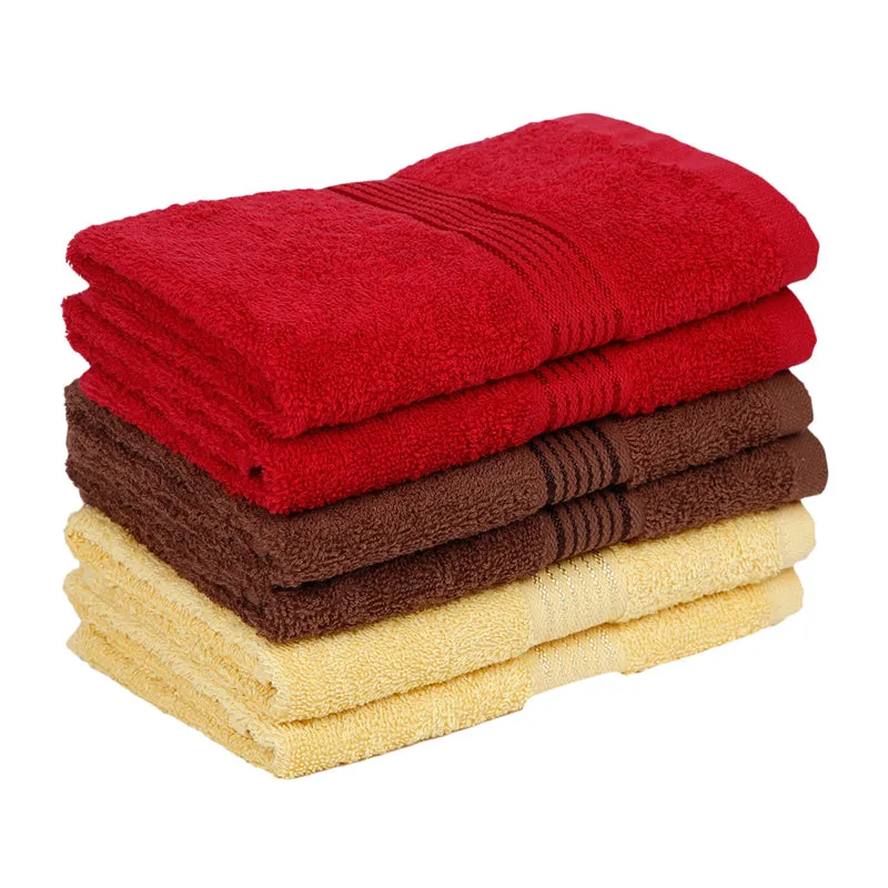 Pluma Cotton Hand & Face Towel (Brown,Red & Light Yellow) - Set Of Six media 4