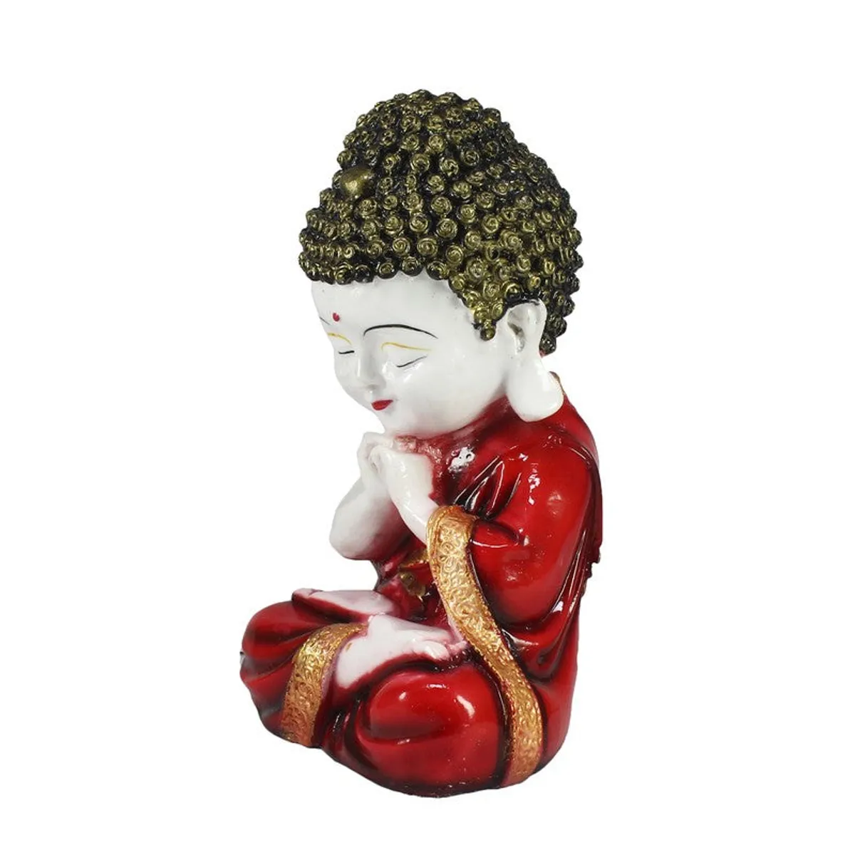 Side view of seated Buddha showpiece with red robe and gold trim