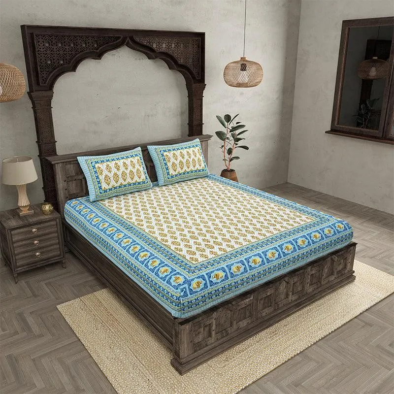Mahat Ethnic Cotton Bedsheet (Blue,Yellow) - 180 TC media 1
