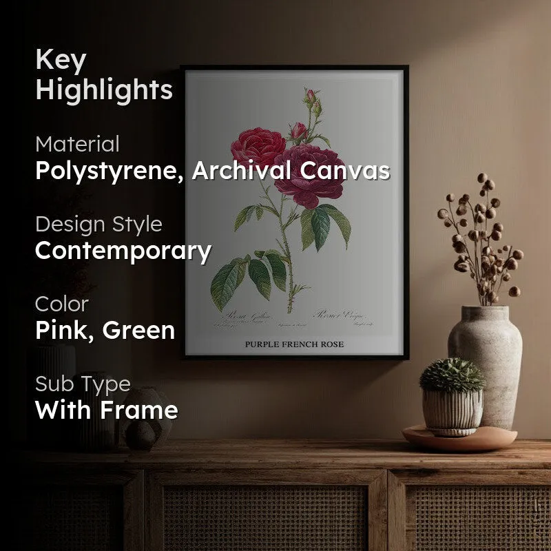 Purple French Rose Joseph Redout Archival Canvas Wall Painting - Black Frame media 2