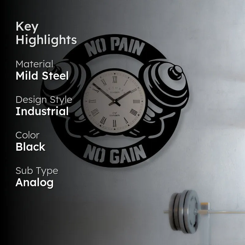 No Pain No Gain Steel Analog Wall Clock - Black media 2