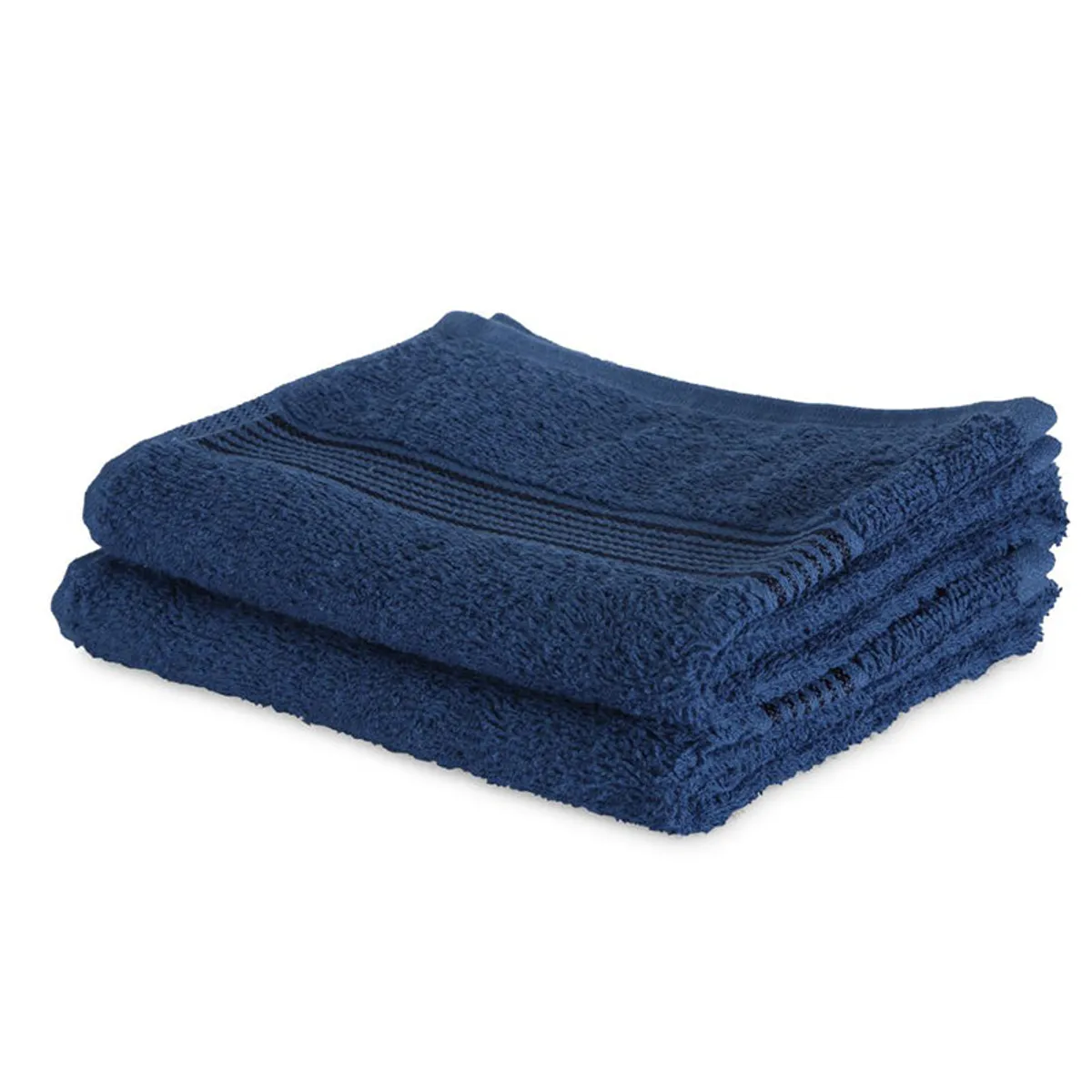 Two folded plush navy blue hand towels with striped border detailing.
