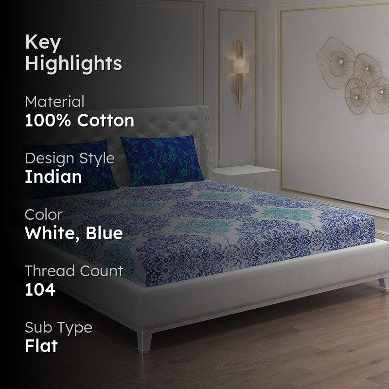 Monte Carlo Dio Mandala Cotton Bedsheet (White,Blue) - 104 TC media 2
