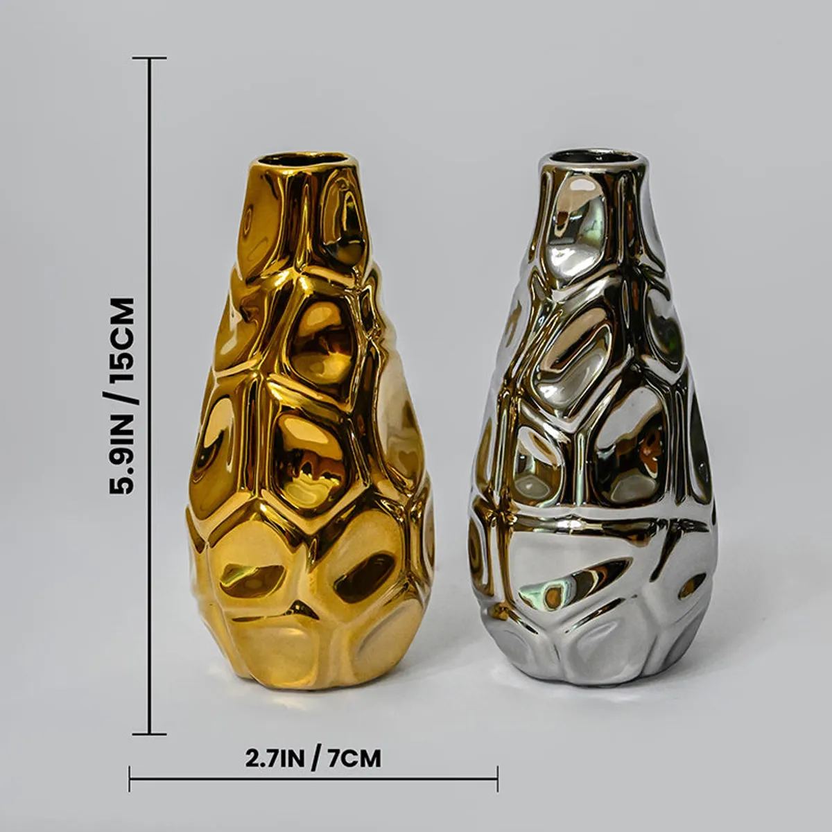 Gold and silver vases shown side by side with measurement graphic