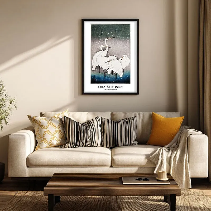 Group of Egrets Ohara Koson Archival Canvas Wall Painting - Black Frame media 3