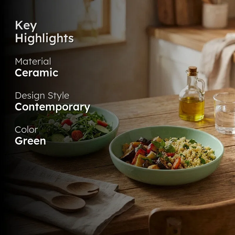 Green ceramic bowls styled with food on a dining table